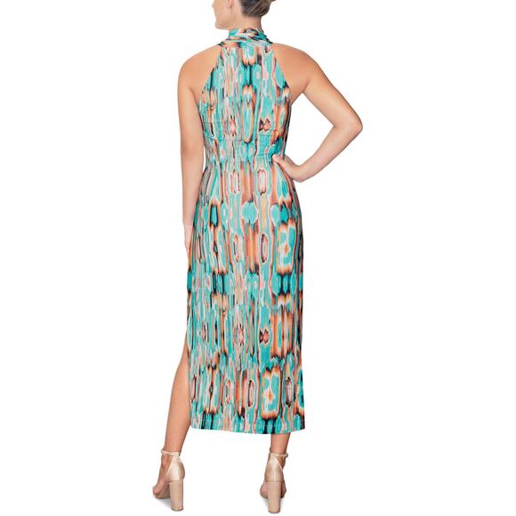 NEW Rachel Roy abstract halter neck long maxi dress slit retro - Picture 2 of 8